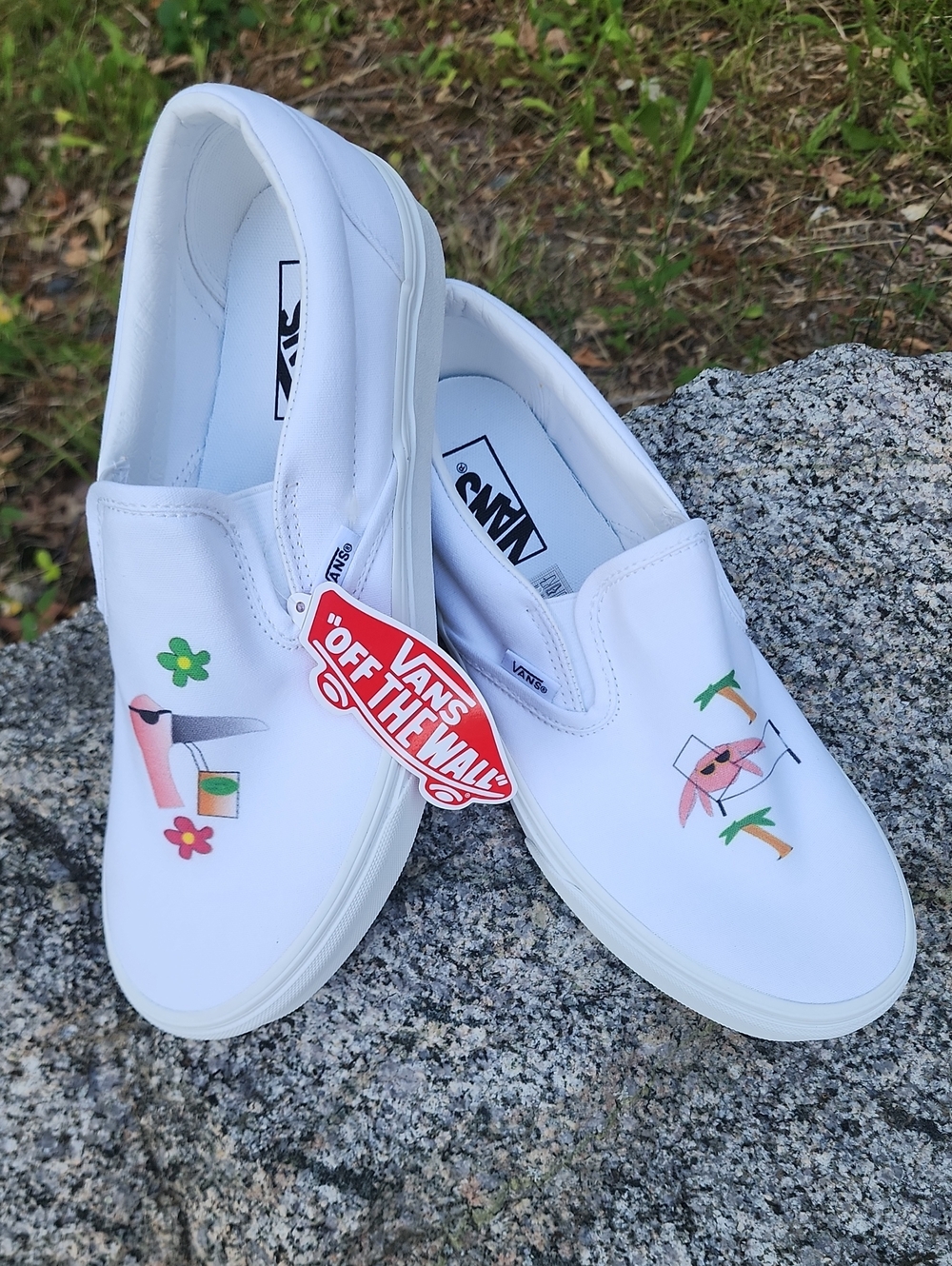 Vans White Slip-On Sneakers with Colorful Tropical Motifs 9.5